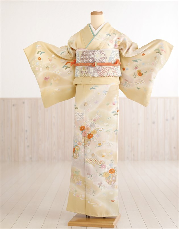 訪問着レンタル 卒業式 hw1380 着物レンタル 母 入学式 結婚式 七五三 ママ【付下げ・訪問着フルセット】お宮参り 753 卒園式 正絹 母親 kimono 人気 粋 お茶会 houmongi 高級 黄色ベージュに慶びの華と吉祥模様【fy16REN07】【レンタル】