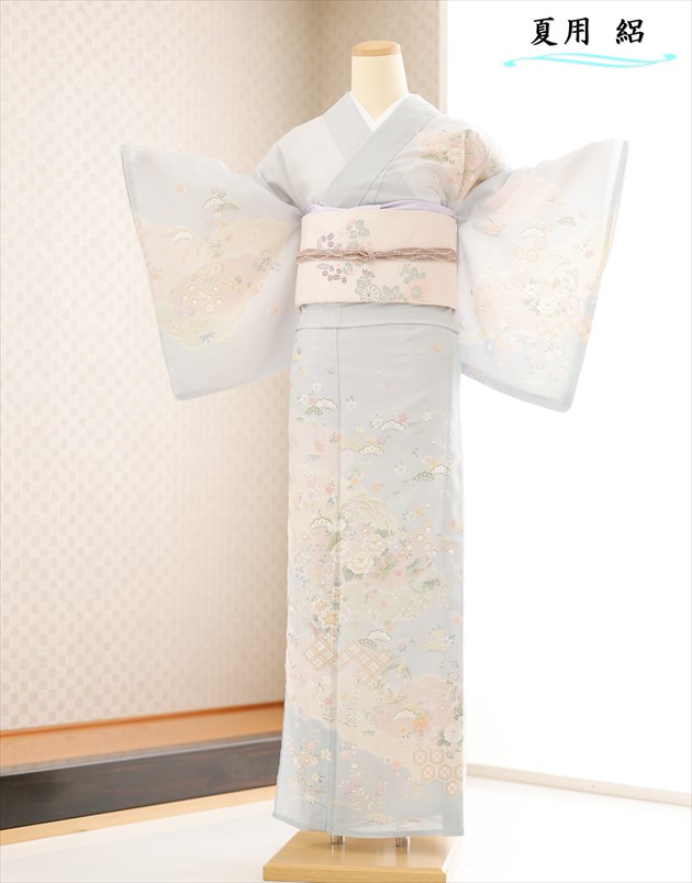 訪問着レンタル 絽 sr5063 結婚式 夏用 夏着物 お宮参り ７月 ８月 フルセット 夏 涼しい 薄手 着物レンタル ママ 母 母親 淡色 人気 高級訪問着 フォトブックプレゼント 「くすみ水色に絢爛吉祥慶彩華」【レンタル】