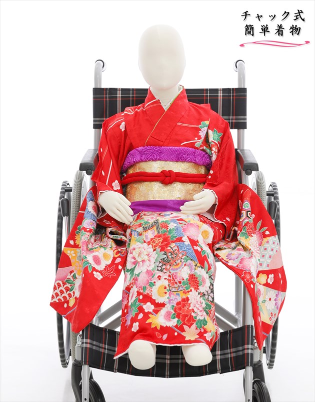 【レンタル】新開発 車いす用７歳 女の子 七五三 感動楽チャック着物レンタル czj7005 着物を諦めない「ファスナーを上げるだけ」家族で簡単着付け 身長125cm前後 ワンタッチ 着崩れしない 一体フルセット 753 七草祝い イベント 実用新案権取得 赤地に慶び熨斗彩華と御所車｜貸衣裳　ぽえむ