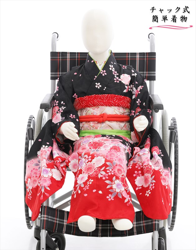 【レンタル】新開発 車いす用7歳 女の子 七五三 感動楽チャック着物レンタル czj7009 着物を諦めない「ファスナーを上げるだけ」家族で簡単着付け 身長125cm前後 着崩れしない フルセット 753 七草祝い イベント 高級「京」ブランド 黒×赤ピンク慶祝桜花の流々舞|貸衣裳 ぽえむ