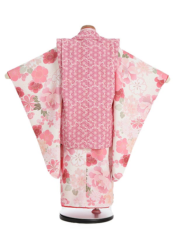 【レンタル】七五三(3歳女の子被布)0320KAGURA麻の葉ピンククリーム桃色ぼたん☆新品足袋プレゼント☆【753七五三衣装着物3歳被布前撮り後撮り子供きものレンタルおんなのこ女児女子ブランド】送料無料