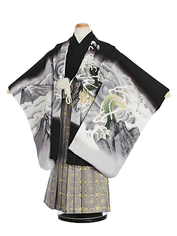 ベビーグッズも大集合 七五三 5歳 6歳 男の子 羽織袴 0264 龍と富士 波 黒 金 グレー レトロモダン 新品足袋プレゼント 送料無料 Tonna Com