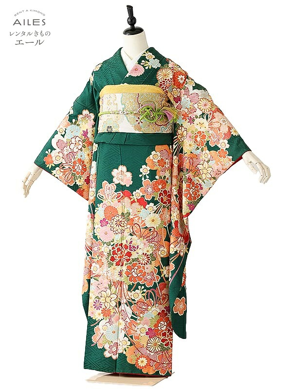 【レンタル】振袖レンタル フルセット(1月利用の方のみレンタル可能) AC0246 緑 オレンジ 牡丹 花模様 成人式 貸衣裳 袋帯 草履 バック レンタル ふりそで 女性和服 フリソデ 着物 きもの 新品足袋プレゼント 送料無料