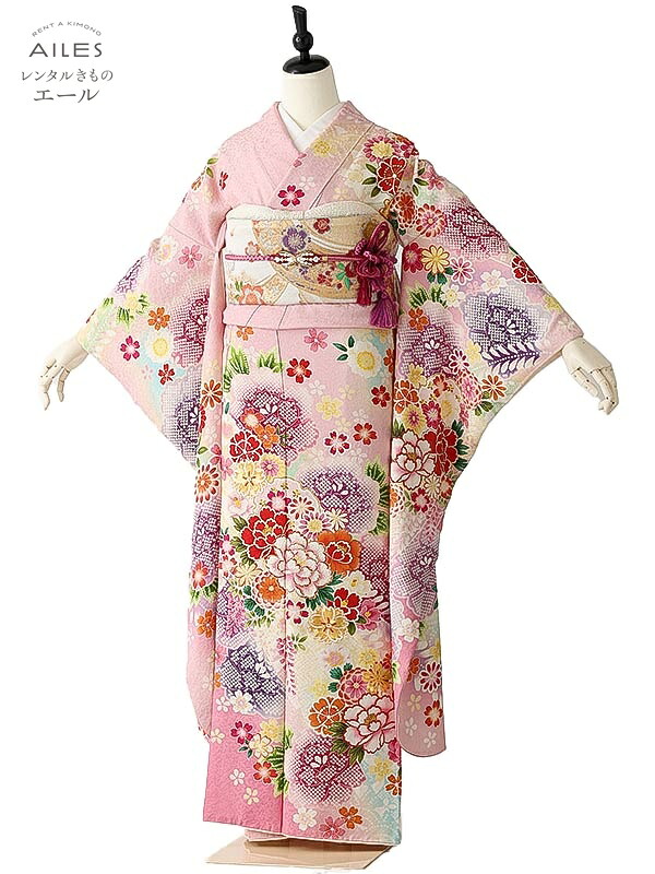 【レンタル】振袖レンタル フルセット(1月利用の方のみレンタル可能) AC0252 ピンク 桜 藤 花模様 成人式 貸衣裳 袋帯 草履 バック レンタル ふりそで 女性和服 フリソデ 着物 きもの 新品足袋プレゼント 送料無料｜レンタルきもの　エール