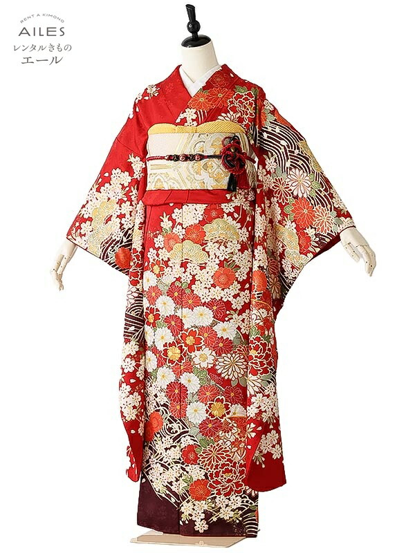 【賃借】振袖賃借 フルセット(1月利用の方のみ賃借能力のある) AC0256 赤 花飾りつけ 鞠 成年者式 貸御召しもの 袋帯 草履 うしろ側 賃借 ふりそで 亭主もち着物 フリソデ  御召しもの きもの 新品足袋差し上げ物 貨物輸送無料