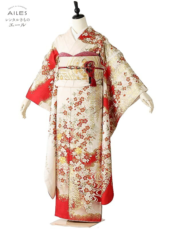 【賃借】振袖賃借 フルセット(1月利用の方のみ賃借能力のある) AC0258 白 赤 桜 水筋 成年者式 貸御召しもの 袋帯 草履 うしろ側 賃借 ふりそで 亭主もち着物 フリソデ  御召しもの きもの 新品足袋差し上げ物 貨物輸送無料
