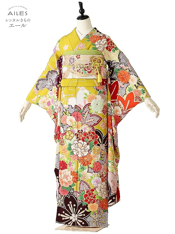 【賃貸】振袖賃貸 フルセット(1月利用の方のみ賃貸能力のある) AC 0262 黄 桜 名取り草 成年者式 貸御召しもの 袋帯 草履 うしろ側 賃貸 ふりそで お上さん着物 フリソデ  御召しもの きもの 新品足袋差し上げ物 貨物輸送無料