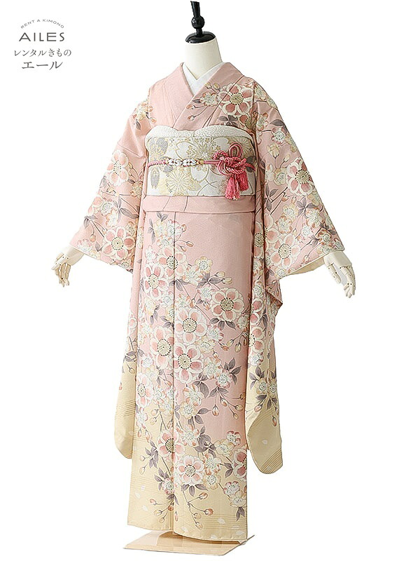 【賃借】振袖賃借 フルセット(1月利用の方のみ賃借能力のある) AC0268 薄さくら色 桜 UNSODO 成年者式 貸御召しもの 袋帯 草履 うしろ側 賃借 ふりそで 亭主もち着物 フリソデ  御召しもの きもの 新品足袋差し上げ物 貨物輸送無料
