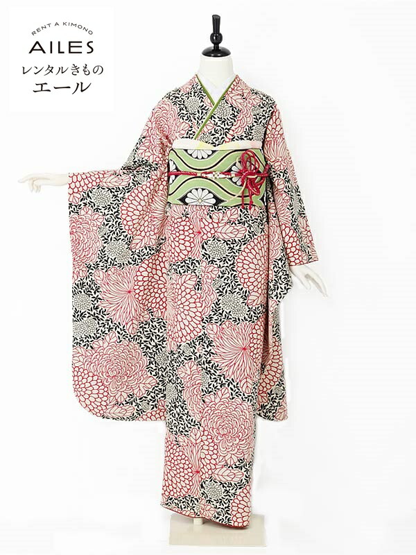 【レンタル】振袖レンタル フルセット（成人式）AC0023 赤×黒 菊 成人式 振袖 フルセット rental ふりそで 女性和服 振袖 レンタル 人気 草履 バック フリソデ furisode 着物 きもの レトロ 新品足袋プレゼント 往復送料無料