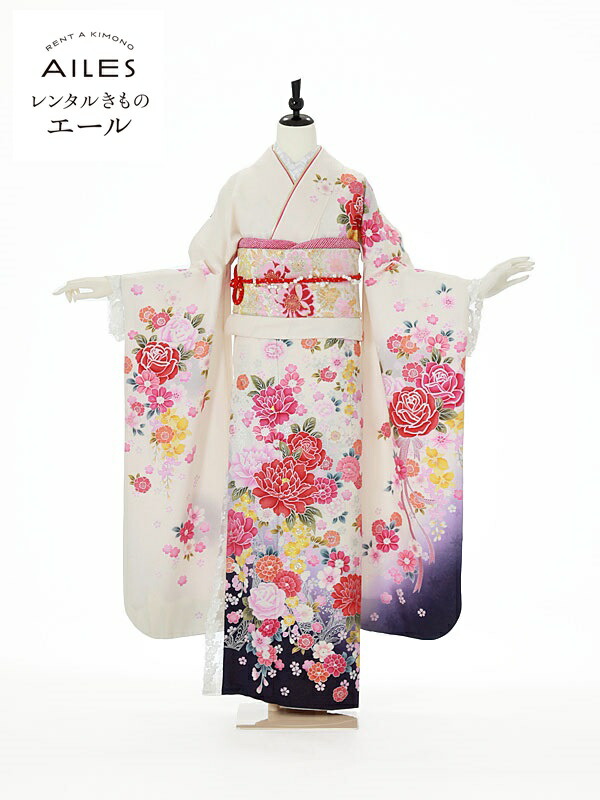 【レンタル】振袖レンタル フルセット（2月～11月）AC0046 白地 花模様 結婚式 結納 レンタル 貸衣裳 袋帯 草履 バック かわいい 人気 振袖 レンタル rental ふりそで 女性和服 フリソデ furisode 着物 きもの 新品足袋プレゼント 送料無料