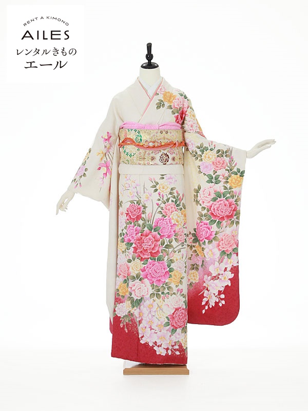 【レンタル】振袖レンタル フルセット（2月～11月）AC0056 白地 バラ 結婚式 結納 レンタル 貸衣裳 袋帯 草履 バック かわいい 人気 振袖 レンタル rentaｌ ふりそで 女性和服 フリソデ furisode 着物 きもの 新品足袋プレゼント 送料無料