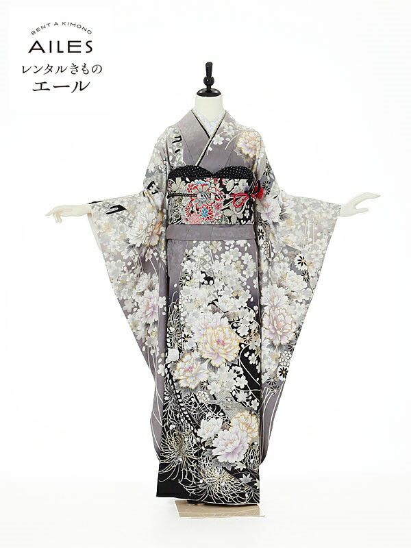 【レンタル】振袖レンタル フルセット（成人式）AC0059 グレー地 牡丹/桜 成人式 振袖 フルセット rental ふりそで 女性和服 振袖 レンタル 人気 草履 バック フリソデ furisode 着物 きもの 新品足袋プレゼント 往復送料無料 45,370円