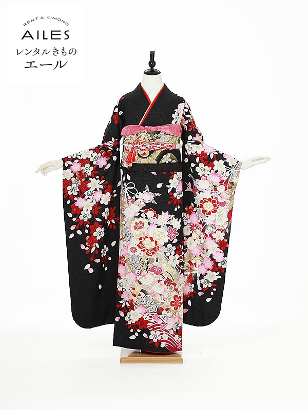 【レンタル】振袖レンタル フルセット（成人式）AC0084 黒地 古典 桜 牡丹 成人式 振袖 フルセット rental ふりそで 女性和服 振袖 レンタル かわいい 人気 草履 バック フリソデ furisode 着物 きもの 新品足袋プレゼント 往復送料無料 38,870円