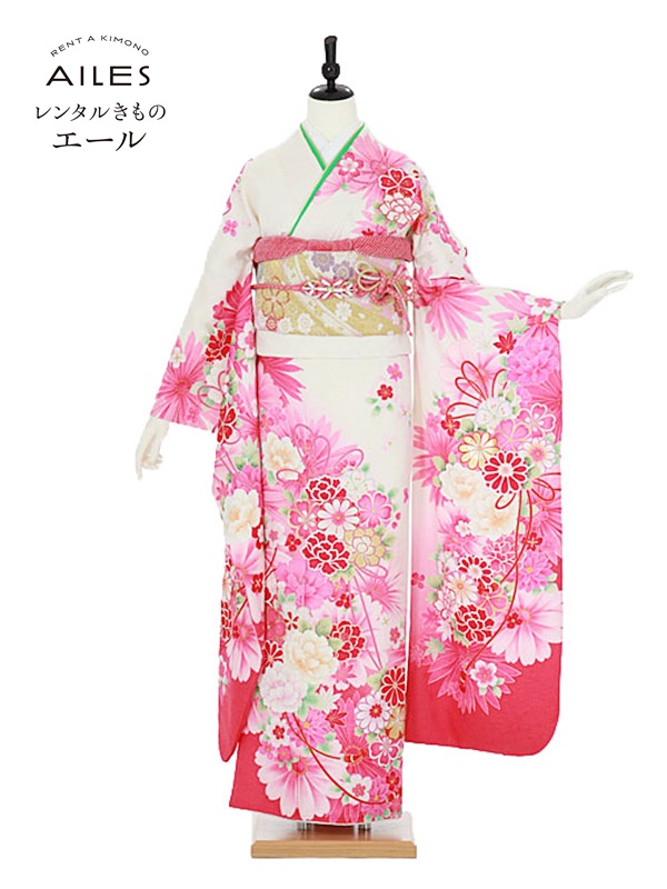 【レンタル】振袖レンタル フルセット（成人式）AC0086 白地 ピンク 花模様 成人式 振袖 フルセット rental ふりそで 女性和服 振袖 レンタル かわいい 人気 草履 バック フリソデ furisode 着物 きもの 新品足袋プレゼント 往復送料無料｜レンタルきもの　エール