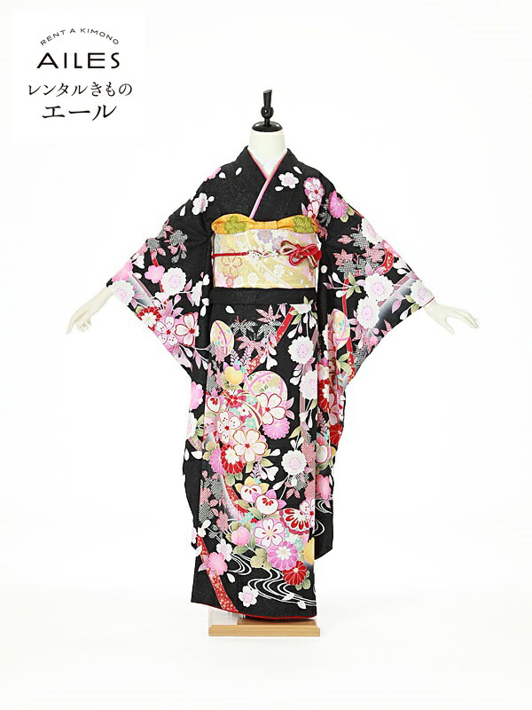 【レンタル】振袖レンタル フルセット（成人式）AC0096 黒地 古典 桜 成人式 振袖 フルセット rental ふりそで 女性和服 振袖 レンタル かわいい 人気 草履 バック フリソデ furisode 着物 きもの 新品足袋プレゼント 往復送料無料