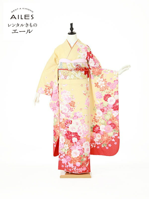 【レンタル】振袖レンタル フルセット（成人式）AC0103 黄×オレンジ 桜 成人式 振袖 フルセット rental ふりそで 女性和服 振袖 レンタル 人気 草履 バック フリソデ furisode 着物 きもの かわいい 新品足袋プレゼント 往復送料無料