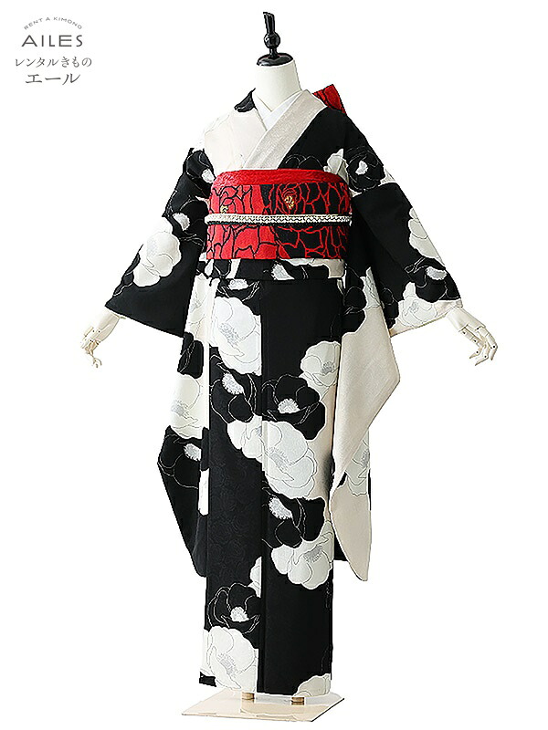 【賃借】振袖賃借 フルセット(1月利用の方のみ賃借能力のある) AC0233 黒 白 椿 今めかしい空中線 成年者式 貸御召しもの 袋帯 草履 うしろ側 賃借 ふりそで 亭主もち着物 フリソデ  御召しもの きもの 新品足袋差し上げ物 貨物輸送無料