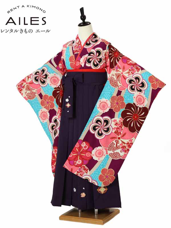 【レンタル】ジュニア小学校卒業袴レンタルAR0047 ブルー ピンク ねじり梅 ジュニア卒業式 小学生 卒業式 袴女の子 小学校 卒業袴 レンタル 卒業式 レンタル袴 小学校 卒業式 着物【往復送料無料】148cm～153cm 150cm前後