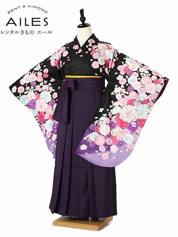 【レンタル】ジュニア小学校卒業袴レンタルAR0057 黒 花模様 紫 袴 ジュニア卒業式 小学生 卒業式 袴女の子 小学校 卒業袴 レンタル 卒業式 レンタル袴 小学校 卒業式 着物【往復送料無料】148cm～153cm　150cm前後 18,600円