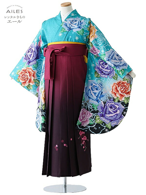 【賃借】お坊っちゃん 初等学校 卒袴 0151 ターコイズブルー 紫 薔薇 小学生  袴 御姉さん 賃借袴 初等学校 卒式 お召しもの 新品足袋差し上げ物【往復貨物輸送無料】
