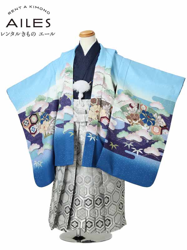 七五三 着物【レンタル】七五三 5歳 袴レンタル AO5069 水色 兜に扇 男児 七五三袴 羽織袴 袴セット 貸衣装 和装 お正月 お祝い 卒園式 きもの 5歳 七五三 着物 ５才男の子 人気柄 子供 着物 753 かっこいい 人気 新品足袋プレゼント 往復送料無料