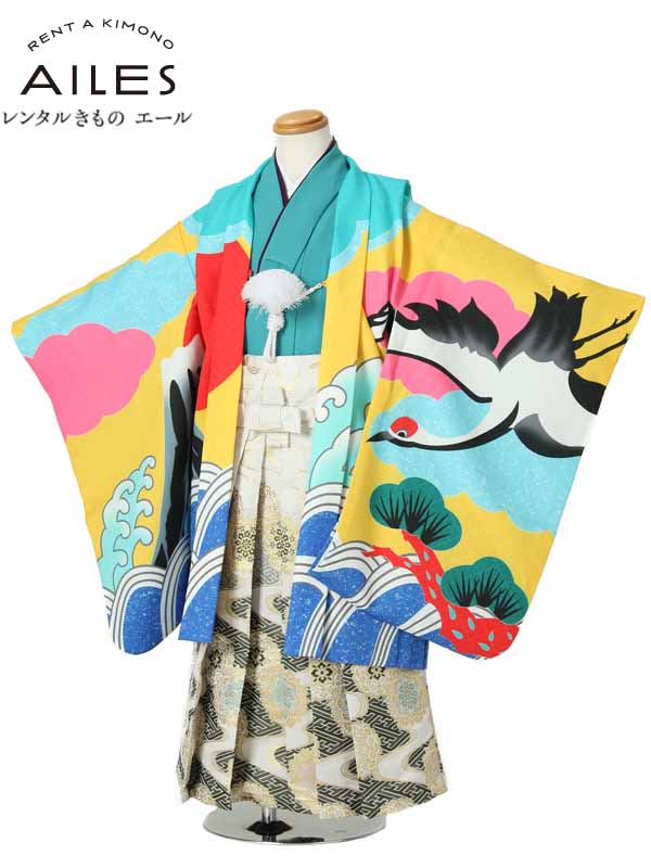七五三 着物【レンタル】 かんたん七五三 5歳 袴レンタル AO5070 花わらべ 黄 青緑 富士と鶴 男児 七五三袴 羽織袴 袴セット きもの 着物 ５才男の子 人気柄 子供 着物 男の子 貸衣装 和装 お正月 お祝い 卒園式 かっこいい 人気 新品足袋プレゼント 往復送料無料