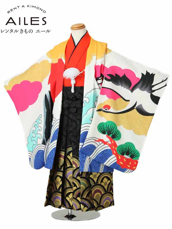 七五三 【レンタル】 かんたん七五三 5歳 袴レンタル AO5071 花わらべ 白 富士と鶴 男児 七五三袴 羽織袴 袴セット 七五三 きもの ５才男の子 人気柄 子供 男の子 753 貸衣装 和装 お正月 お祝い 卒園式 かっこいい 人気 新品足袋プレゼント 送料無料｜レンタルきもの　エール