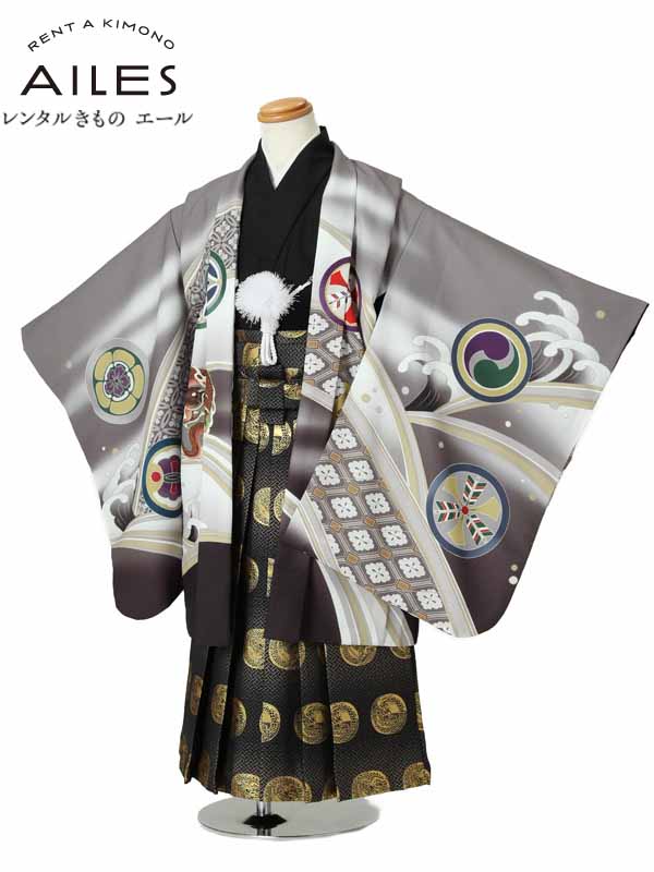 七五三 【レンタル】 かんたん七五三 5歳 袴レンタル AO5065 グレー 黒 鷹と龍 式部浪漫 男児 七五三袴 羽織袴 袴セット 貸衣装 和装 お正月 お祝い 卒園式 きもの 5歳 七五三 5才男の子 人気柄 子供 753 かっこいい 人気 新品足袋プレゼント 送料無料|レンタルきもの エール