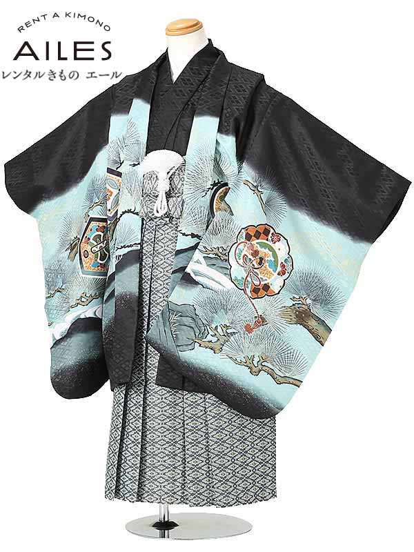 七五三 着物【レンタル】 かんたん七五三 5歳 袴レンタル AO5105　黒 鷹と松 男児 七五三袴 羽織袴 袴セット 貸衣装 和装 お正月 お祝い 卒園式 きもの 5歳 男の子 人気柄 子供 着物 753 かっこいい 人気 新品足袋プレゼント 往復送料無料