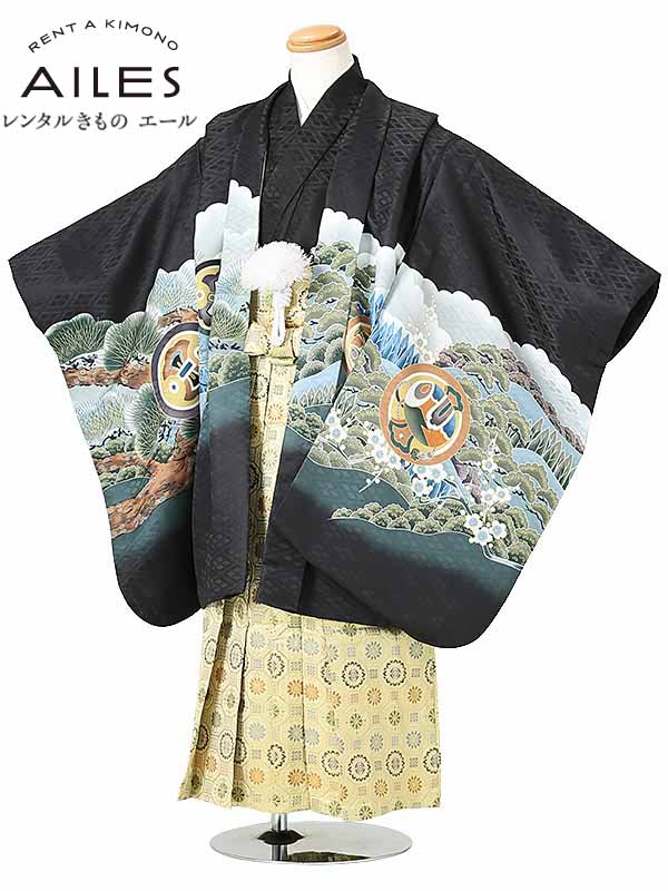 七五三 着物【レンタル】 かんたん七五三 5歳 袴レンタル AO5104 黒 鷹に松と富士 男児 七五三袴 羽織袴 袴セット 貸衣装 和装 お正月 お祝い 卒園式 きもの 5歳 男の子 人気柄 子供 着物 753 かっこいい 人気 新品足袋プレゼント 往復送料無料