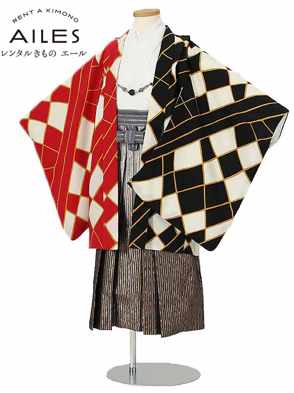 七五三 着物【レンタル】 かんたん七五三 5歳 袴レンタル AO5114 赤 黒 幾何学 男児 七五三袴 羽織袴 袴セット 貸衣装 和装 お正月 お祝い 卒園式 きもの 5歳 七五三 着物 ５才男の子 人気柄 子供 着物 753 かっこいい 人気 新品足袋プレゼント 往復送料無料
