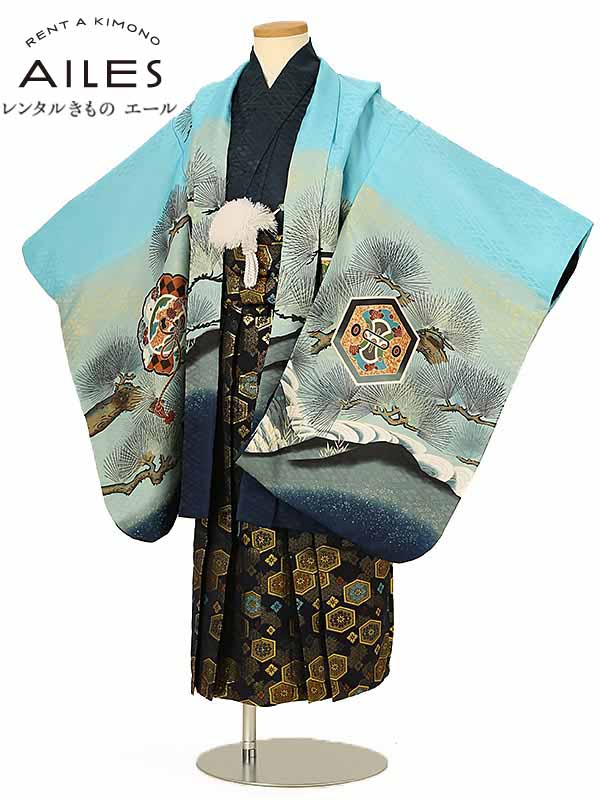 七五三 着物【レンタル】 かんたん七五三 5歳 袴レンタル AO5150 水色 鷹と松 男児 七五三袴 羽織袴 袴セット きもの 5歳 七五三 着物 ５才男の子 人気柄 子供 着物 男の子 753 貸衣装 和装 お正月 お祝い 卒園式 かっこいい 人気 新品足袋プレゼント 往復送料無料