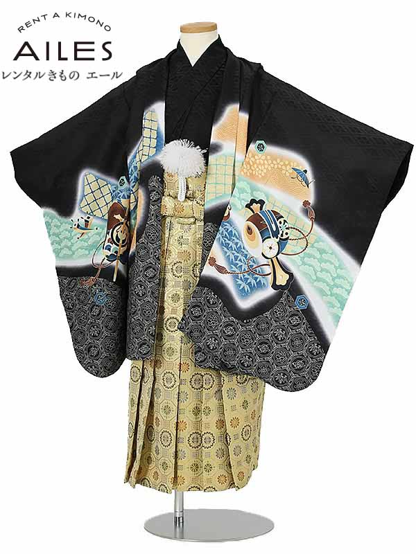 超美品 七五三 着物 レンタル 七五三 往復送料無料 新品足袋プレゼント 人気 かっこいい 753 男の子 着物 子供 人気柄 ５才男の子 着物 卒園式 お祝い お正月 和装 貸衣装 きもの 七五三 袴セット 羽織袴 七五三袴 男児 鷹と鼓 黒 Ao5153 袴レンタル 5歳 A3ao5153
