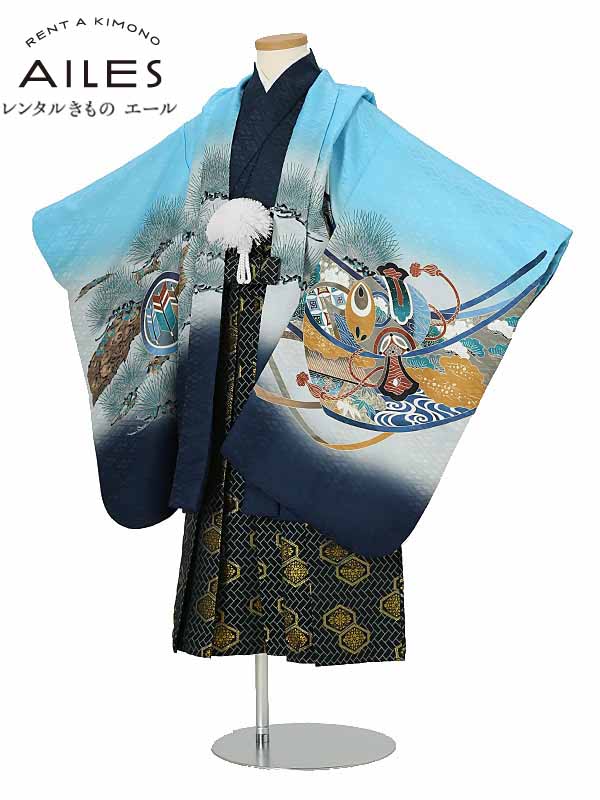 七五三 着物【レンタル】 かんたん七五三 5歳 袴レンタル AO5158 水色 兜と松 男児 七五三袴 羽織袴 袴セット 貸衣装 和装 お正月 お祝い 卒園式 きもの 5歳 七五三 着物 ５才男の子 人気柄 子供 着物 753 かっこいい 人気 新品足袋プレゼント 往復送料無料