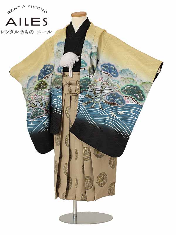 七五三 着物【レンタル】 かんたん七五三 5歳 袴レンタル AO5179　黄 黒 鷹に車輪 男児 七五三袴 羽織袴 袴セット 貸衣装 和装 お正月 お祝い 卒園式 きもの 5歳 男の子 人気柄 子供 着物 753 かっこいい 人気 新品足袋プレゼント 往復送料無料