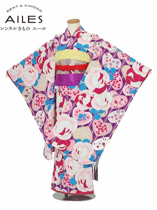 七五三 着物【レンタル】七五三女の子 7歳着物レンタル AP7038 紫 ピンク ストライプ 薔薇 ハート Barbie 女児 七五三着物 レンタル 七五三 レンタル着物 子供 着物 7歳 七五三 女の子 きもの 可愛い 753 足袋プレゼント 【往復送料無料】|レンタルきもの エール