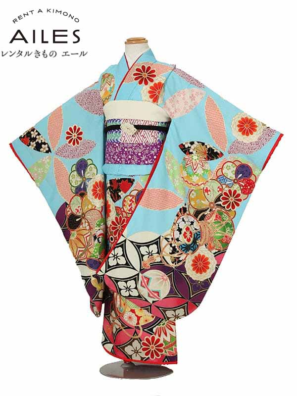 七五三 着物 【レンタル】七五三女の子 ７歳着物レンタル AP7042 水色 鞠 ねじり梅 榛原 女児 七五三着物 レンタル 七五三 レンタル着物 子供 着物 ７歳 七五三 女の子 きもの 可愛い 753 足袋プレゼント 【往復送料無料】