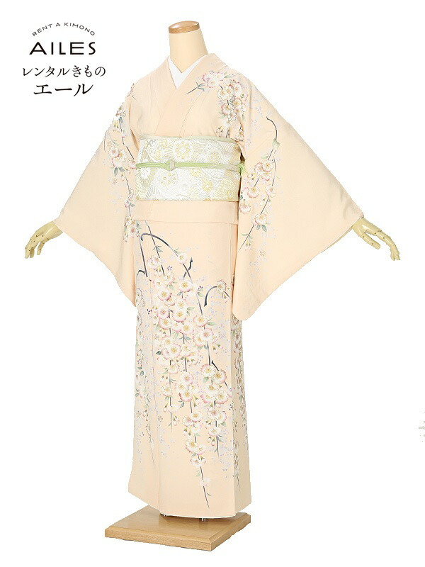 訪問着 レンタル 桜 写真 母 訪問着レンタル AD0043 ピンクベージュ しだれ桜 正絹 貸衣裳 フルセット rental 訪問着レンタル 七五三 お宮参り 服装 母親 入学式 卒業式 結婚式 女性和服着物 訪問着セット ママ 母 新品足袋プレゼント [往復送料無料]