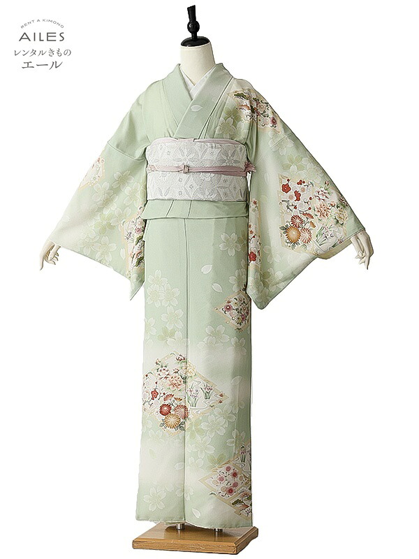 訪問着 レンタル 訪問着0095 薄緑 桜 トールサイズ 華徒然 高身長 貸衣裳 フルセット rental 七五三 お宮参り 服装 母親 入学式 卒業式 結婚式 女性和服着物 訪問着セット ママ 母 新品足袋プレゼント [往復送料無料]｜レンタルきもの　エール