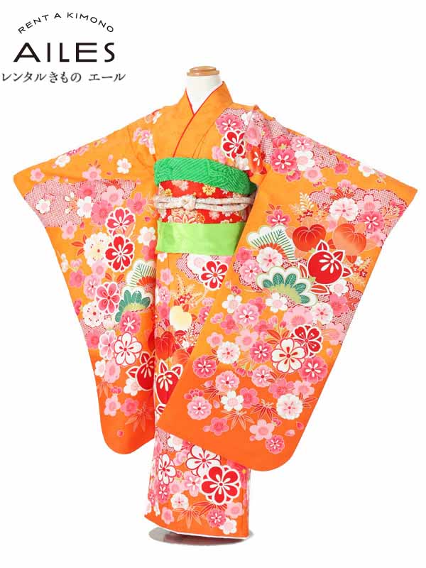 七五三 お召しもの 【賃借】 七五三 御姉さん ７歳お召しもの賃借 AP7014 オレンジ色 桜 松 名文 御嬢さん 七五三お召しもの 賃借 七五三 賃借お召しもの 赤ちゃん お召しもの ７歳 七五三 7歳 御姉さん きもの 好いたらしい 753 新品足袋差し上げ物 【往復貨物輸送無料】