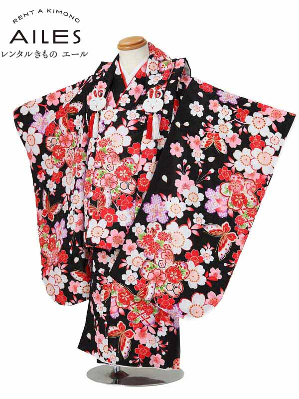 七五三 着物【レンタル】七五三 女の子 3歳被布コートレンタル AP3068 黒 桜 蝶 女児 七五三被布 お祝い着 被布コート 貸衣装 和装 お正月 お祝い きもの 3歳 七五三 3才女の子 人気柄 子供 着物 753 かわいい 人気 新品足袋プレゼント 往復送料無料