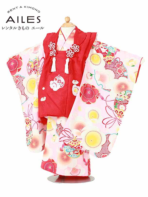 七五三 【レンタル】七五三 女の子 3歳被布コートレンタル AP3090 ピンク 赤 花模様 正絹 紅一点 女児 七五三被布 貸衣装 和装 お正月 お祝い きもの 3歳 七五三 3才女の子 人気柄 子供 753 かわいい 人気 新品足袋プレゼント 送料無料|レンタルきもの エール