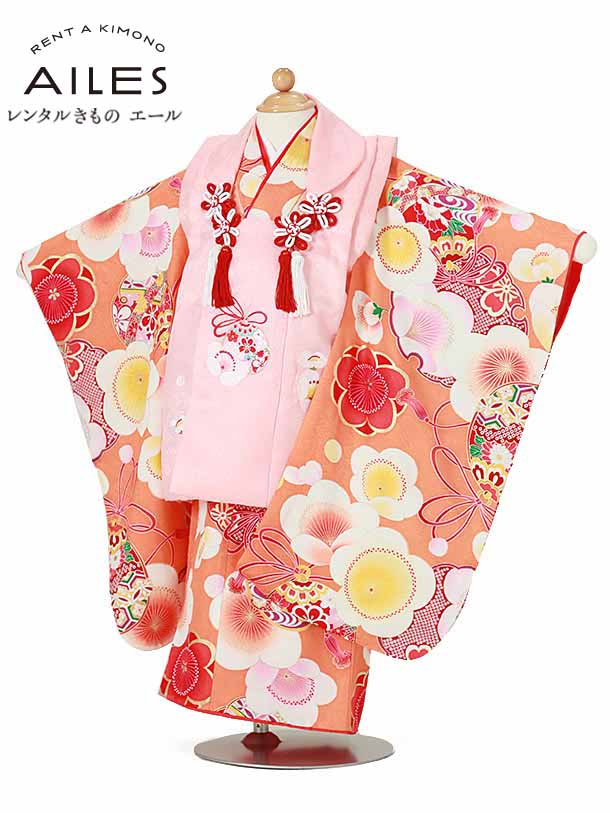 レンタル 七五三 お正月 七五三 Ap3091 3歳被布コートレンタル 3才女の子 子供 女の子 花模様 オレンジ 紅一点 正絹 身長90 100cm位まで 人気柄 七五三のお参りや前撮 結婚式やイベントに 着付マニュアル付き で初めてでも簡単着付です ピンク 女児 七五三