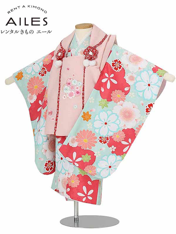 Ap3118 着物 七五三 水色 七五三 被布セット 七五三 エール 着物 3歳 新品足袋プレゼント 3歳被布コートレンタル 七五三被布 女児 往復送料無料 レンタル 3歳 七五三 ピンク 女の子 レンタルきもの 753 身長90 100cm位まで 人気柄 七五三のお参りや前撮り