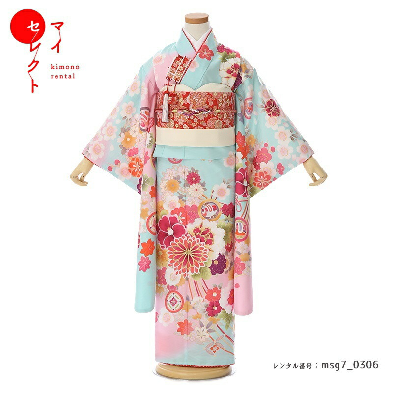【レンタル】 七五三 身長110cm～125cm 着物 レンタル 7歳 女の子 式部浪漫(Shikibu Roman) msg7_0306 ブルー グリーン 七歳 753着物 子供 貸衣装 女児 小学生 衣装 きもの モダン レトロ 古典 おしゃれ 七草祝い 7才 6才 8才 フルセット レンタル 往復送料無料｜レンタル衣裳　マイセレクト