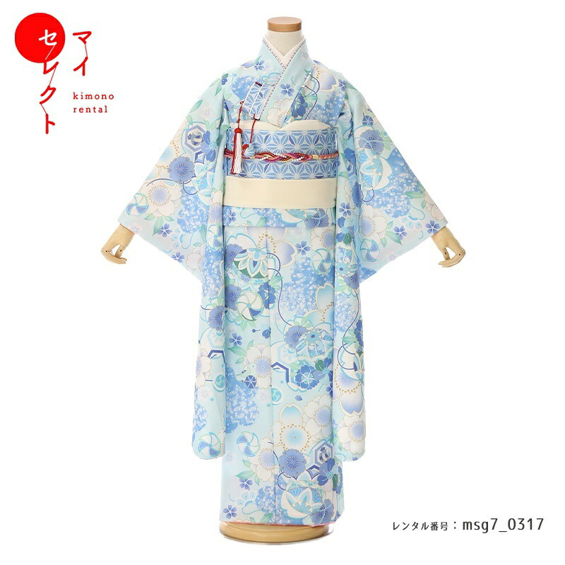 【レンタル】 七五三 身長110cm～125cm 着物 レンタル 7歳 女の子 カグラ(KAGURA) msg7_0317 水色 ブルー 七歳 753着物 子供 貸衣装 女児 小学生 草履 バッグ 長襦袢 衣装 きもの モダン レトロ 古典 おしゃれ 七草祝い 6歳 8歳 フルセット レンタル 往復送料無料｜レンタル衣裳　マイセレクト