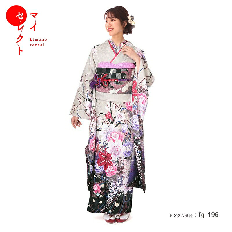 振袖 レンタル【成人式】fg_196 /MERCURY DUO グレー 蝶 藤 振袖 結婚式 卒業式 フルセット レンタル振袖 貸衣装 往復送料無料 | 長襦袢 足袋 半襟 半衿 帯揚げ 帯締め バッグ 草履バッグセット 伊達衿 小物 セット 振り袖レンタル ショール 振袖レンタル 【レンタル】