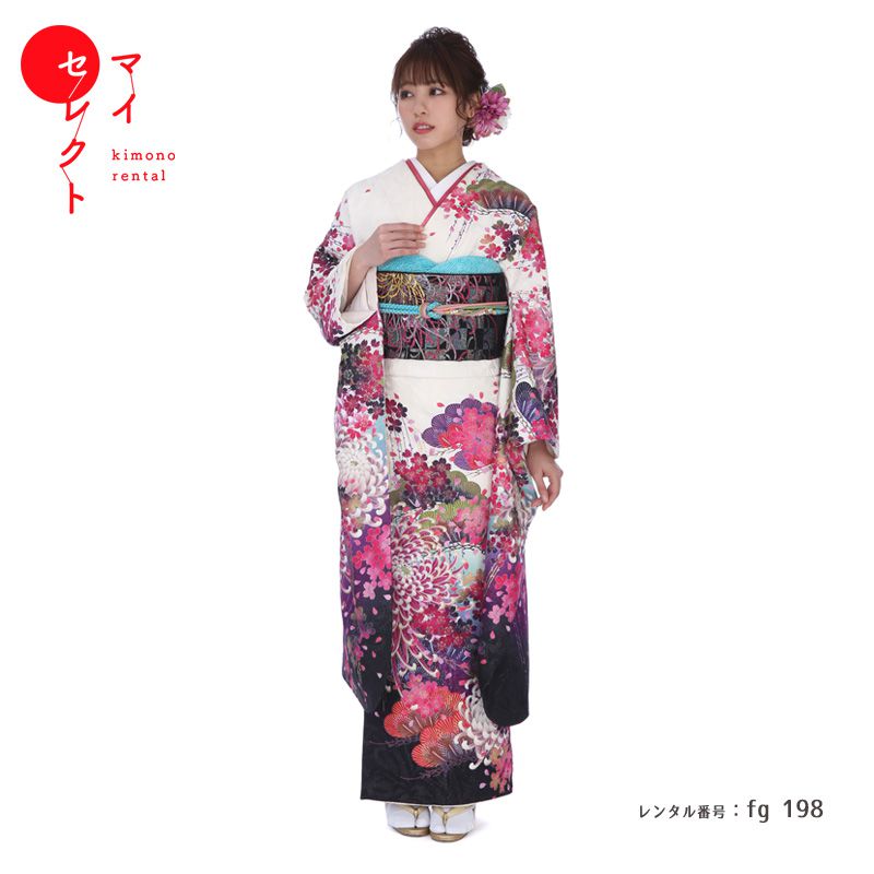 振袖　レンタル【成人式】fg_198 / MERCURY　DUO　白地　松　桜　菊　（MD28） 振袖 結婚式 卒業式 フルセット レンタル振袖 貸衣装 レンタル着物【レンタル】 39,520円