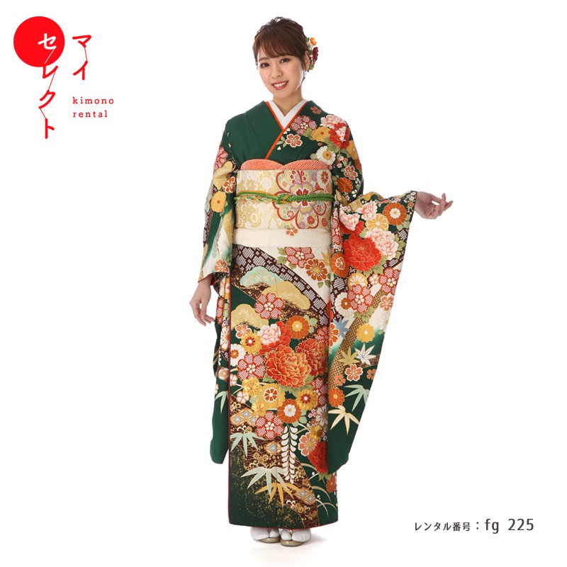 振袖　レンタル【成人式】fg_225 /桂由美　YK509　グリーン 振袖 結婚式 卒業式 フルセット レンタル振袖 貸衣装 レンタル着物【レンタル】