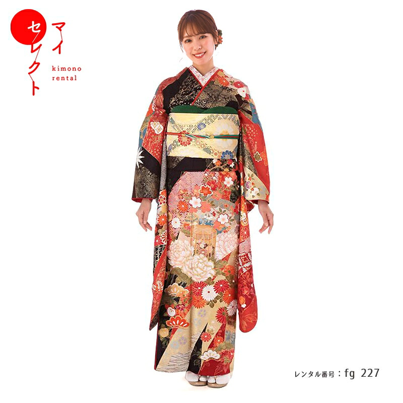 振袖　レンタル【成人式】fg_227 /桂由美　YK955　黒に近い濃紫・赤 振袖 結婚式 卒業式 フルセット レンタル振袖 貸衣装 レンタル着物【レンタル】